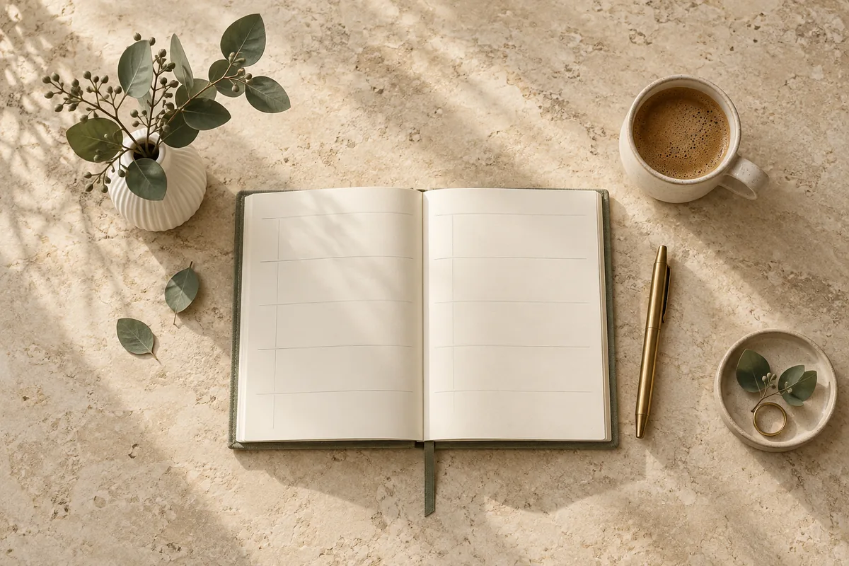 An open cream planner, brass pen, coffee and eucalyptus on a warm stone desk