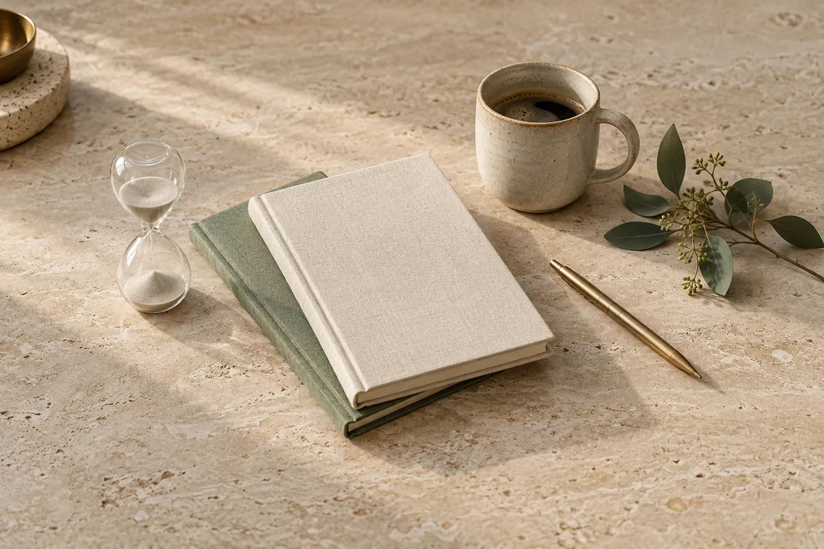 Linen notebooks, a glass sand timer, coffee and a brass pen arranged on a stone desk