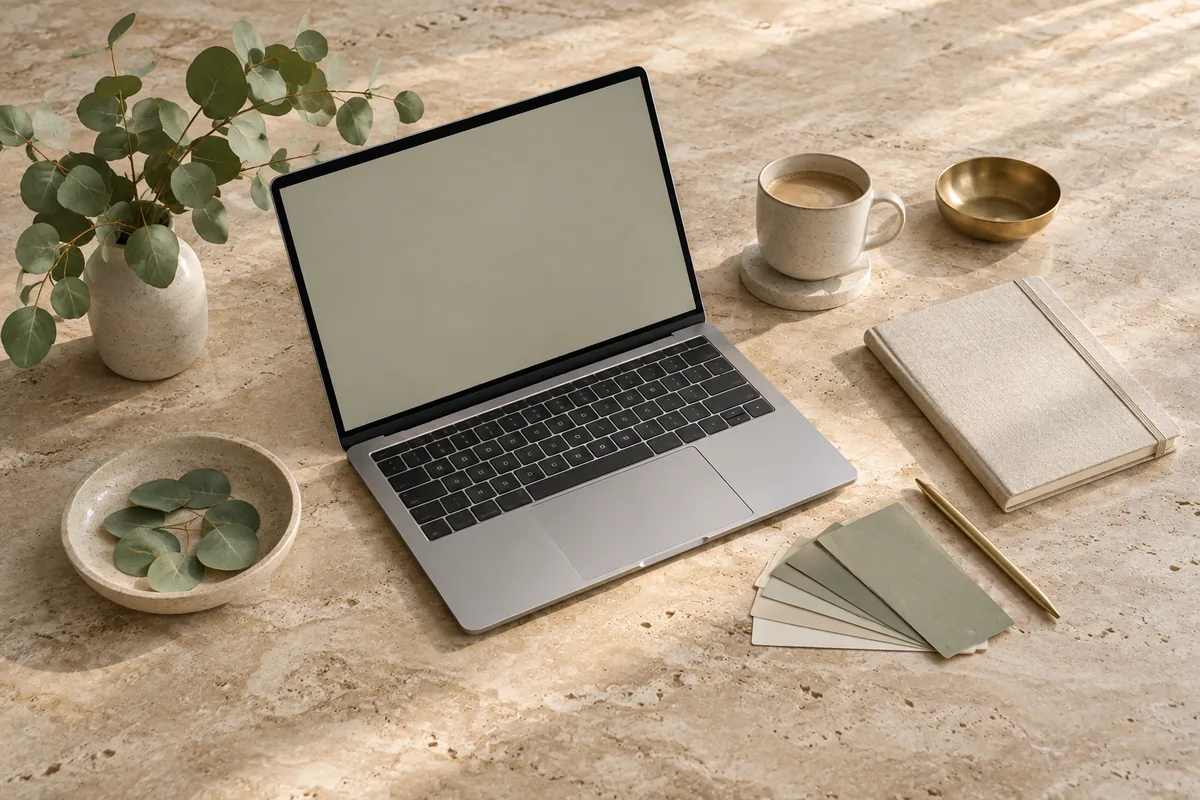 A silver laptop, cream notebook and muted sage and taupe colour swatches