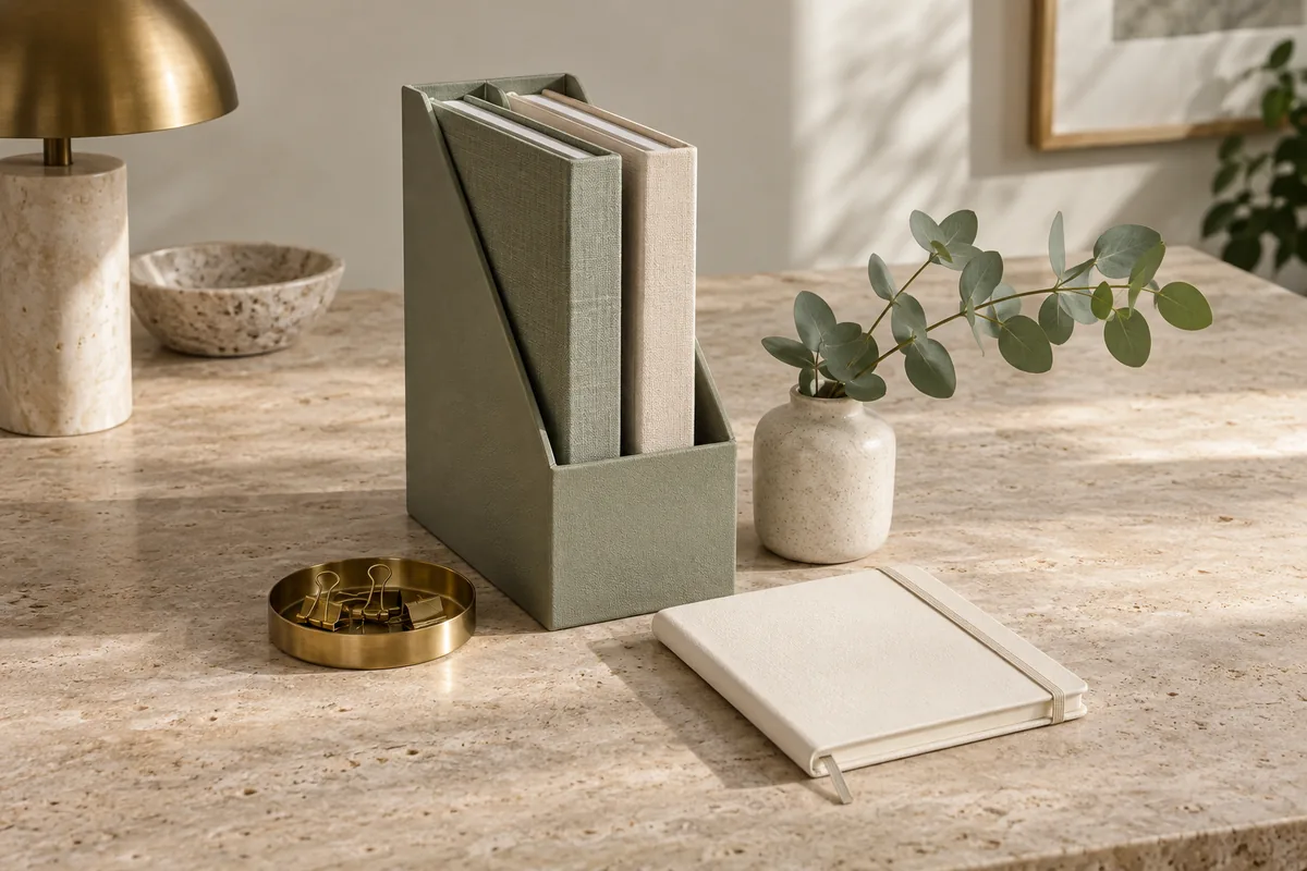Sage document storage, linen folders and neatly arranged desk accessories