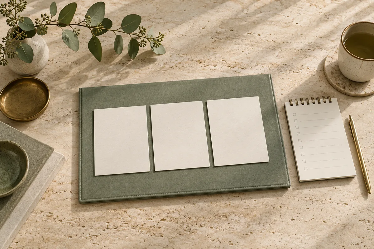 Organised cream planning cards, a checklist notebook and brass pen on a sage folio