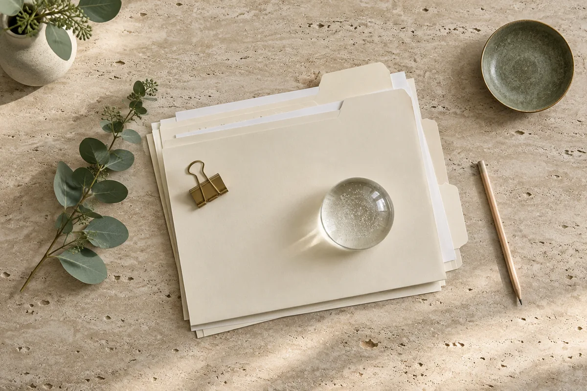 Cream document folders, a brass clip and a glass paperweight with eucalyptus